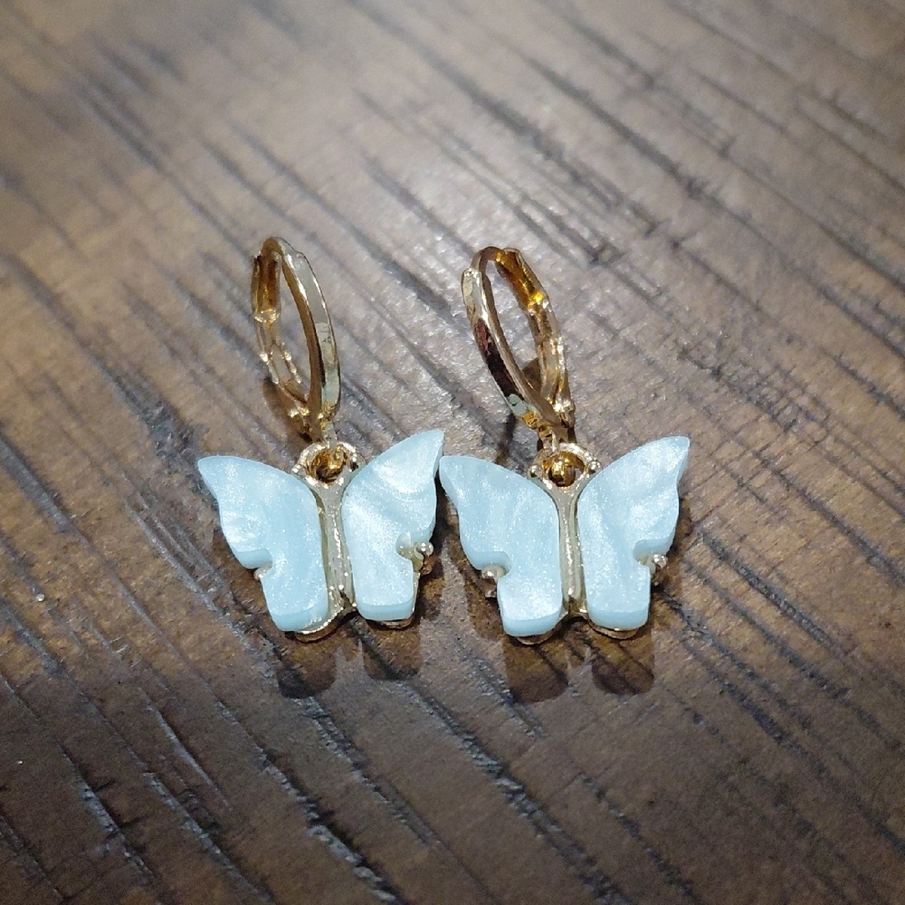 Gold Butterfly Drop Earrings with Pale Blue Inlay
